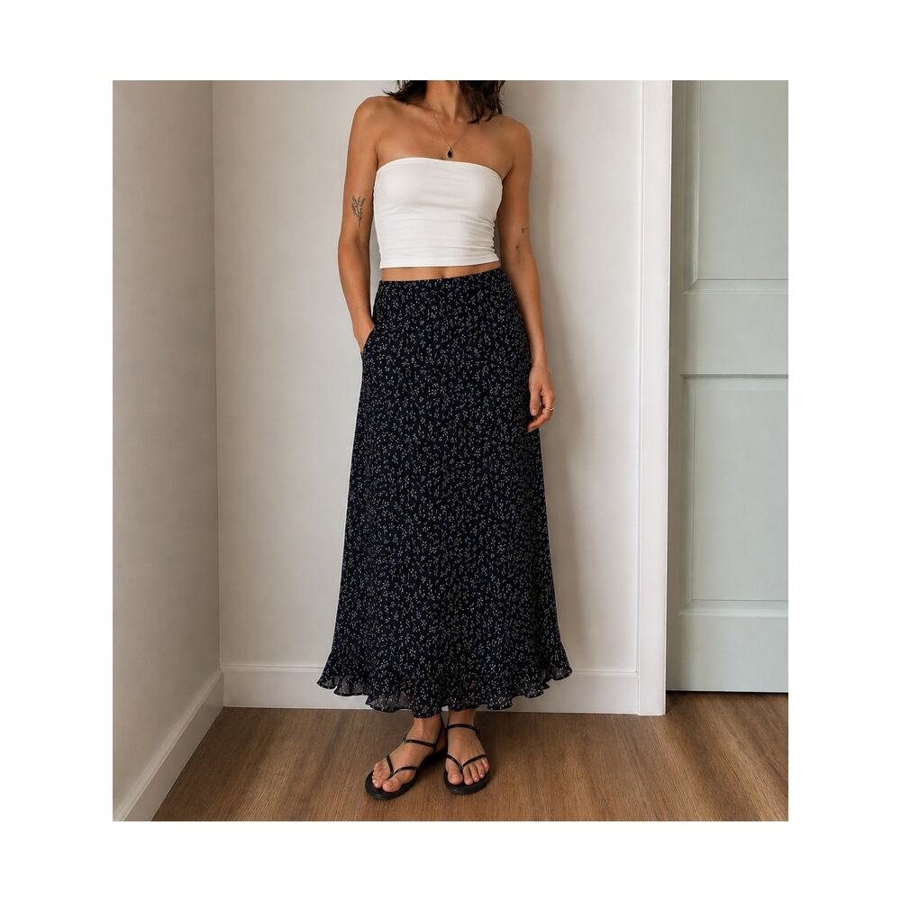 Vtg 90s Liz Claiborne Navy Floral Maxi Skirt Minimalist Prairie Cottage- sz 12